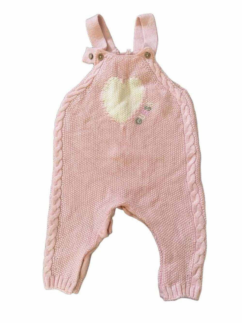 GUESS Knit Romper Size 3/6M Pink Heart Logo Overalls